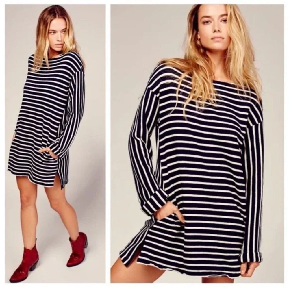 Intimately Free People Come On Over Striped Tunic Dress Womens Medium Boho Black